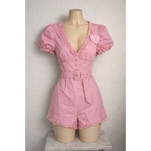 NWT Sugar Thrillz Pink Belted Romper Puff Sleeve S